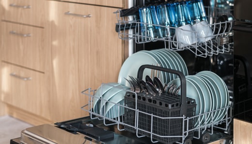 Open loaded dishwasher